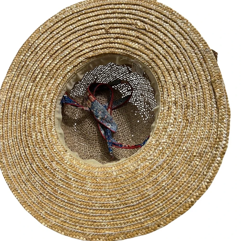 Vintage GitanoCottagecore Natural Straw Sun‎ Hat Floral Print Ribbon Bow Accent